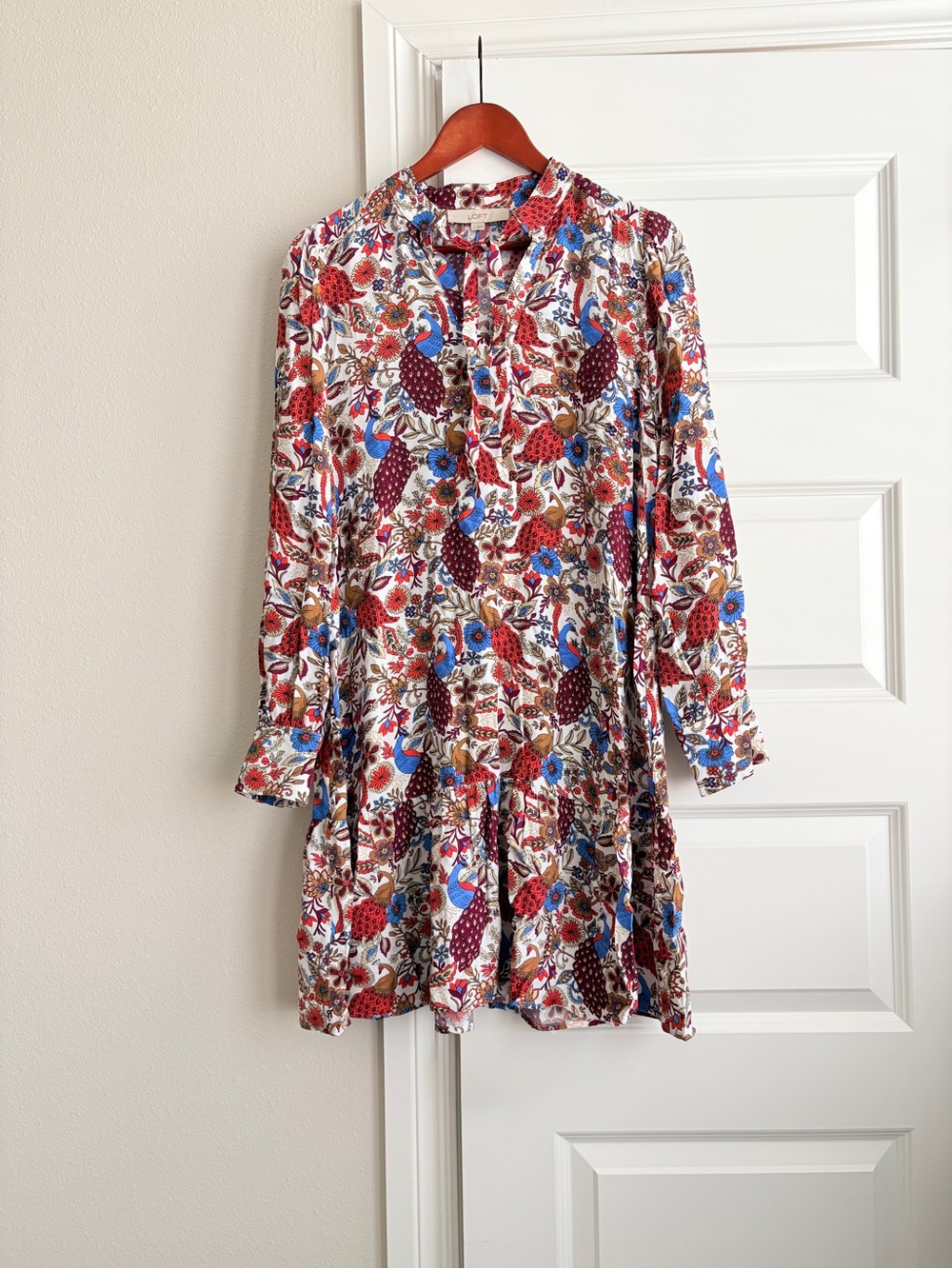 LOFT M Peacock Floral Botanical Print Shirt Dress Long Sleeve fall Autumn